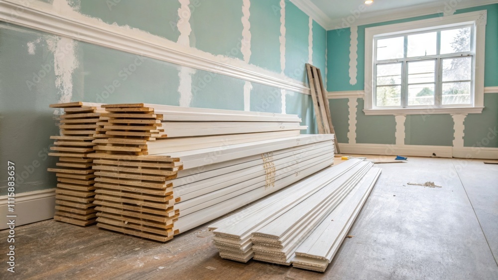 Poster A large stack of baseboards on the floor with a partially painted wall behind them hinting at the upcoming transformation.