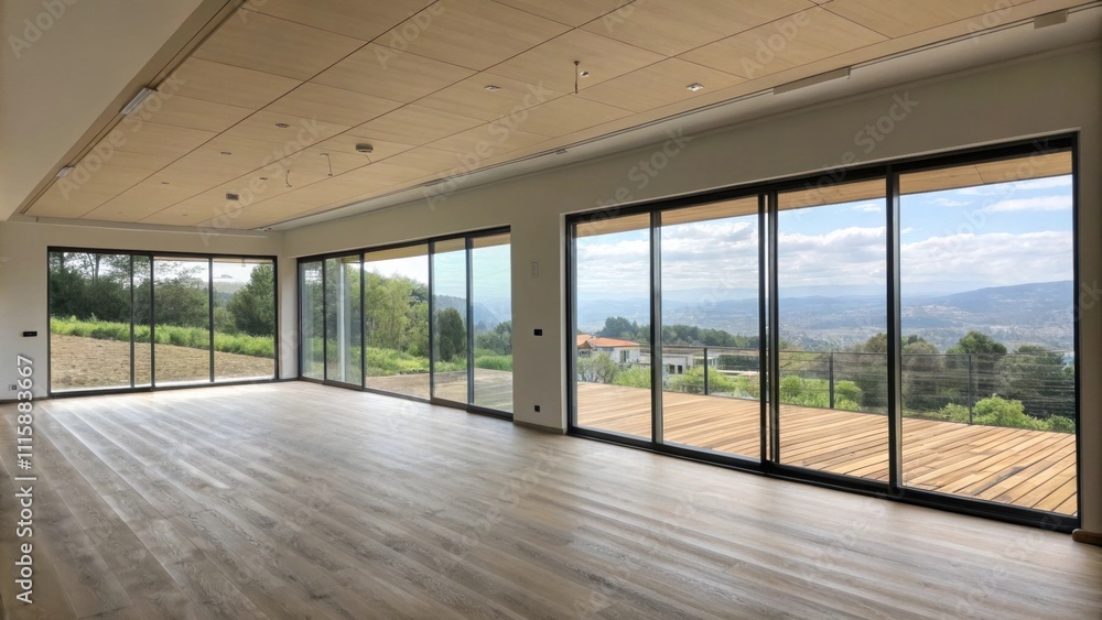 Poster A large room that showcases modern sliding windows spilling in light while the walls remain neutral and unembellished accompanied by a wooden subfloor awaiting finishing touches.