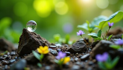 Obraz premium Water droplet on rock surrounded by vibrant wildflowers in nature