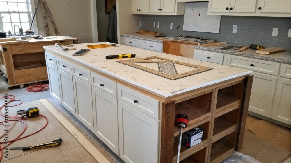 Poster A kitchen island under renovation featuring a mix of raw materials and partially assembled cabinets with a set of pliers and a square ruler resting on the surface.