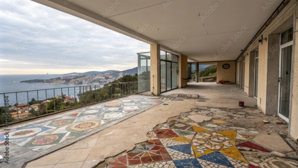 Poster a large balcony extending from an open living area where shards of colorful tiles intertwine with un