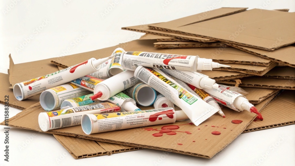 Poster A jumble of empty caulking tubes stacked haphazardly atop a flattened cardboard sheet with splashes of dried caulk creating an abstract composition.