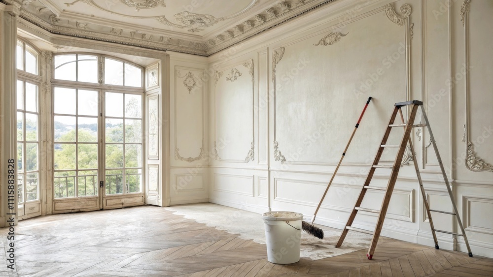Poster a highceilinged space exhibiting a fresh smooth patch while a bucket of plaster and a longhandled sm