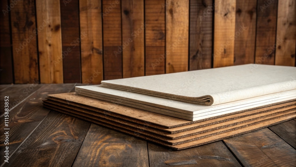 Poster A highcontrast photo of a stack of underlayment sheets layered against a backdrop of warm reclaimed wood merging rustic charm with functional design.