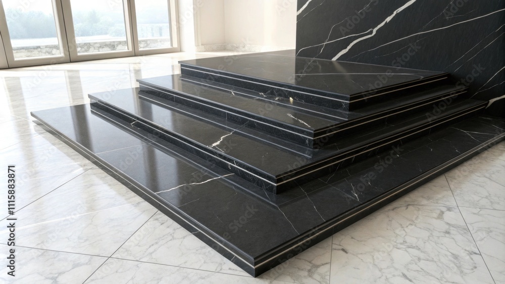 Poster a highcontrast image featuring sleek darkcolored polished marble tiles stacked against a backdrop of