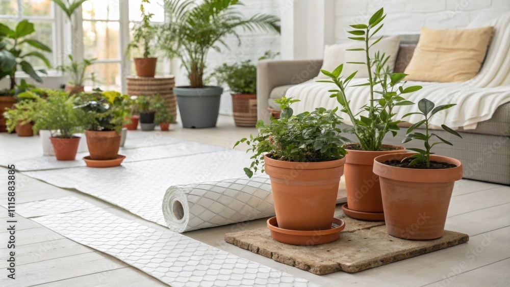 Aufkleber A harmonious composition of underlayment sheets arranged with precision complemented by tered flower pots and greenery capturing the essence of transformation in a living space.