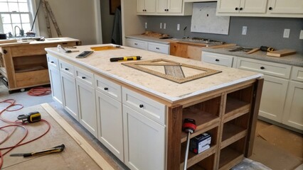 A kitchen island under renovation featuring a mix of raw materials and partially assembled cabinets with a set of pliers and a square ruler resting on the surface.