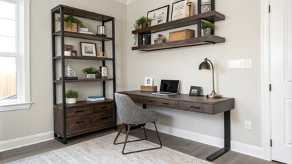 A home office corner with a dark wooden floating desk installed via a strong minimalist bracket contrasted against light walls and stylish shelving showcasing personal artifacts.