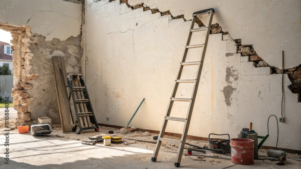 Poster a glimpse of a wall during renovation with sharp edges of the rough opening and a ladder leaning aga