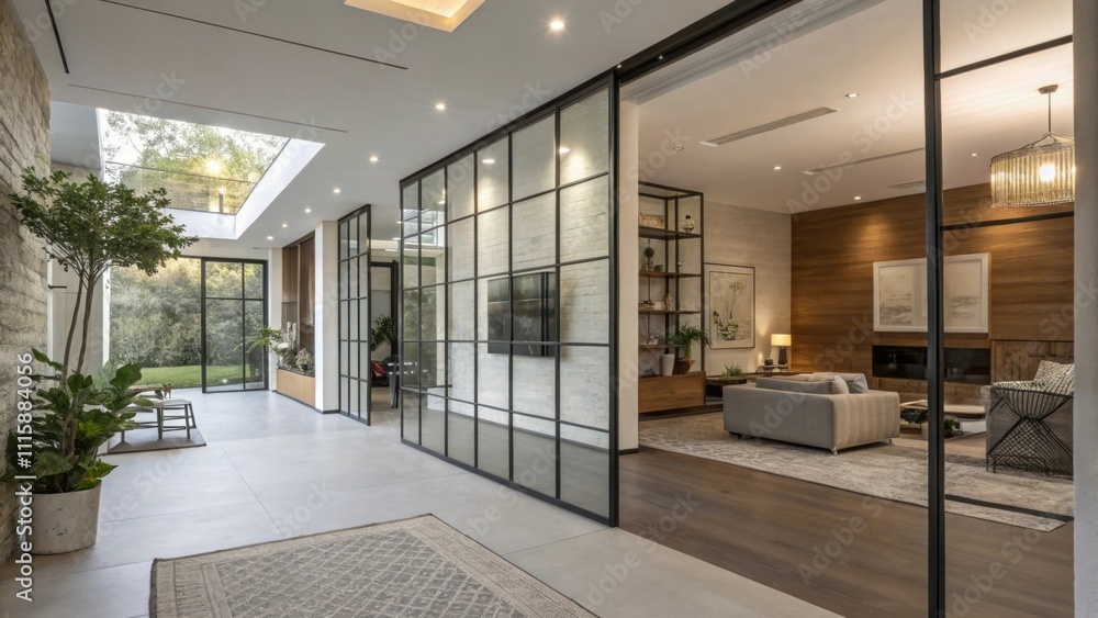 Fototapete A glasspaneled partition wall separates the entryway from the main living space allowing for transparency and light while adding a contemporary touch.