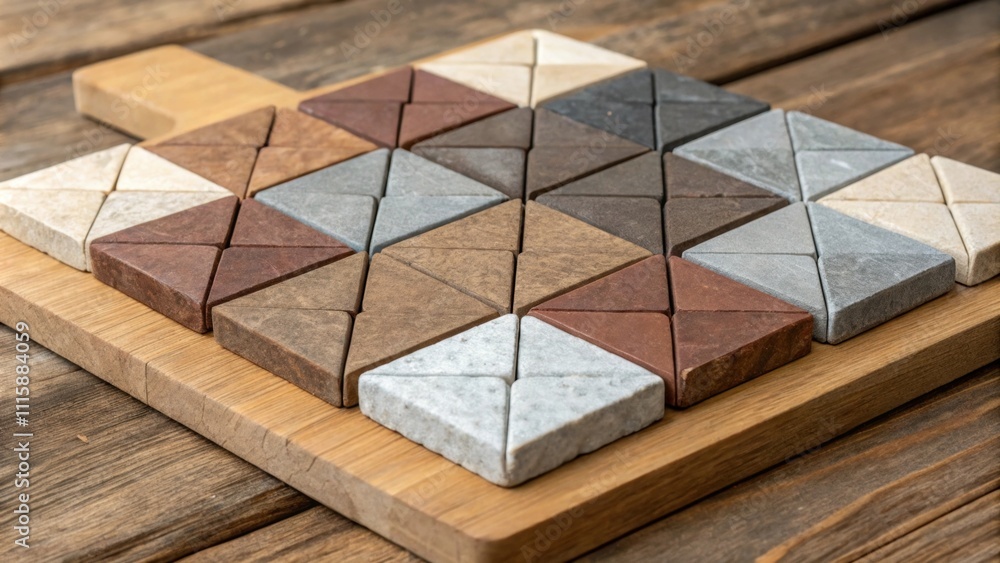 Aufkleber A geometric pile of mixed stone samples including rich brown cool grey and soft taupe artistically arranged atop a rustic wooden surface.