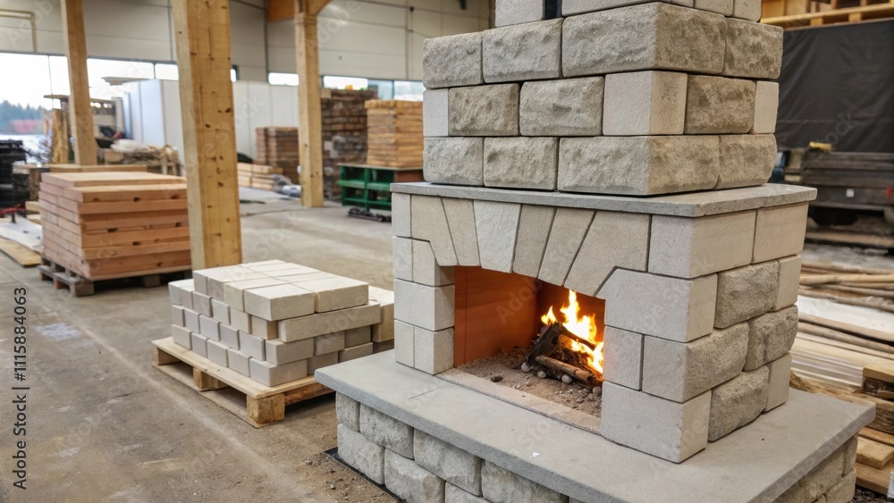 Poster a glimpse of a fireplace integration process with raw materials like concrete blocks stacked beside 
