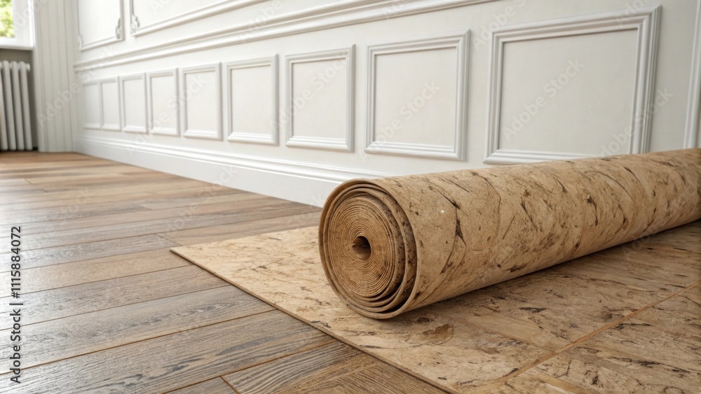 Aufkleber Against a backdrop of whitewashed walls a roll of cork flooring lies neatly showcasing its earthy tone and unique grain patterns.