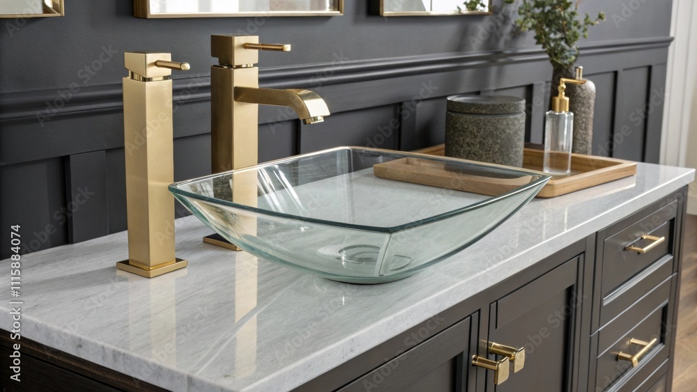 Aufkleber A geometric angular faucet in brushed gold perfectly aligning with the sharp lines of a glass vessel sink set against dark cabinetry.