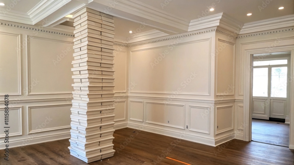 Poster against a backdrop of blank walls and an unadorned ceiling a tall stack of crown molding waits in th