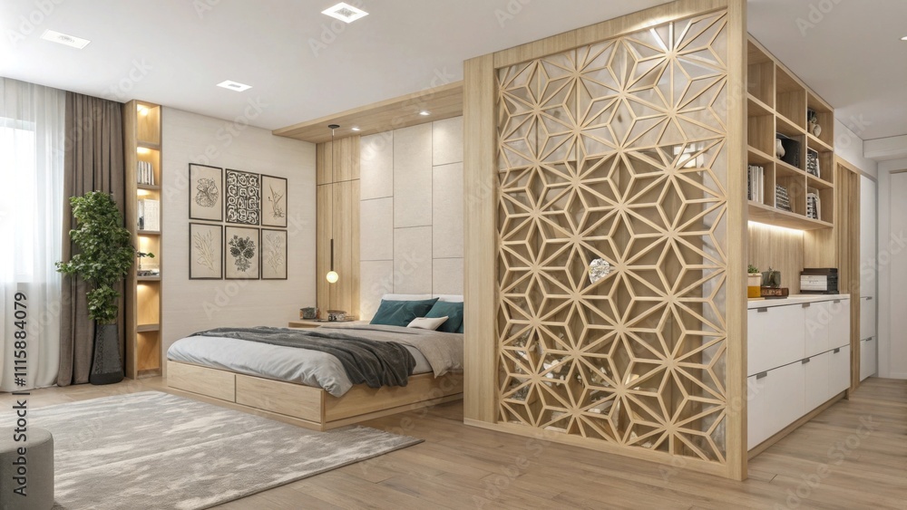 Poster A geometric patterned partition wall in light wood offers both style and practicality segmenting the bedroom from a small reading area while maintaining openness.