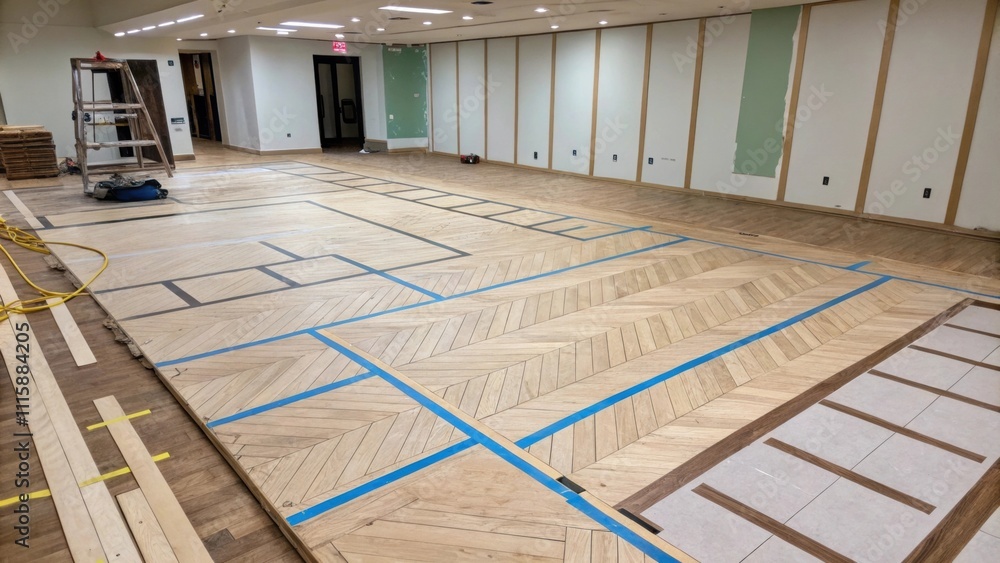 Poster A floor covered partially with masking tape delineating sections where parquet will be installed signaling careful planning for the design layout.