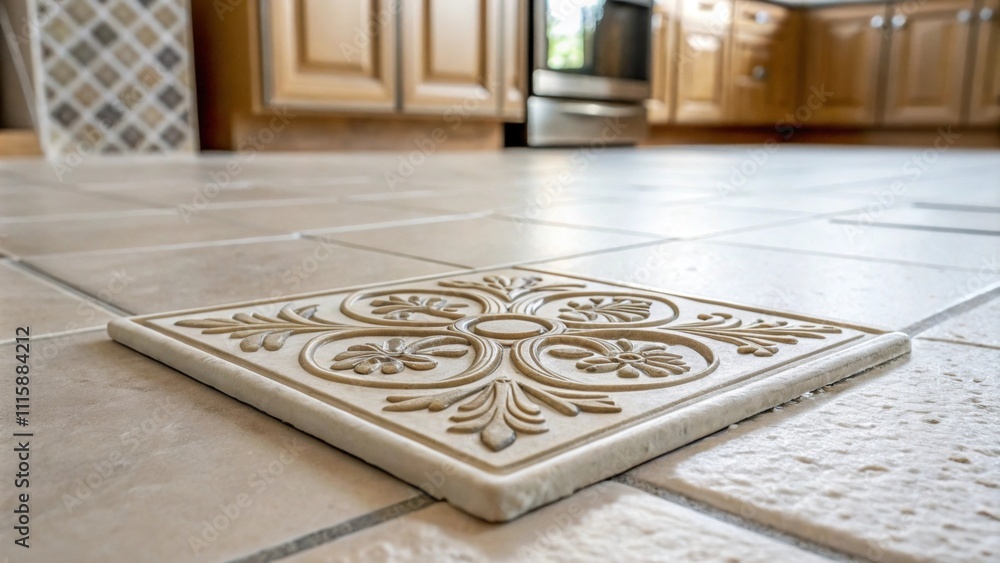 Poster a focused shot of a single tile on the kitchen floor showcasing the intricate design details surroun