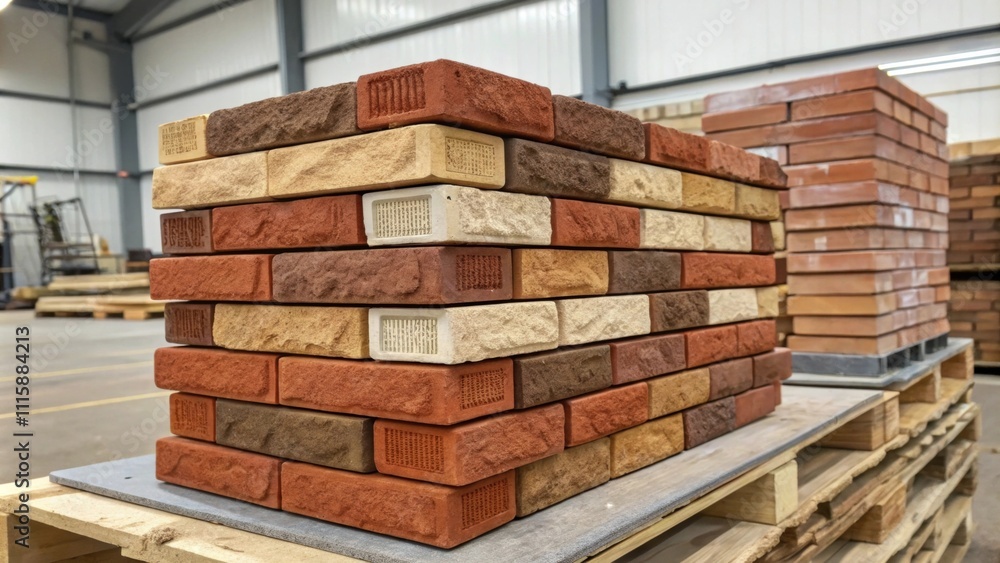Fototapete a focused shot of the top row of a stack of brick veneers with a slight tilt that emphasizes their r