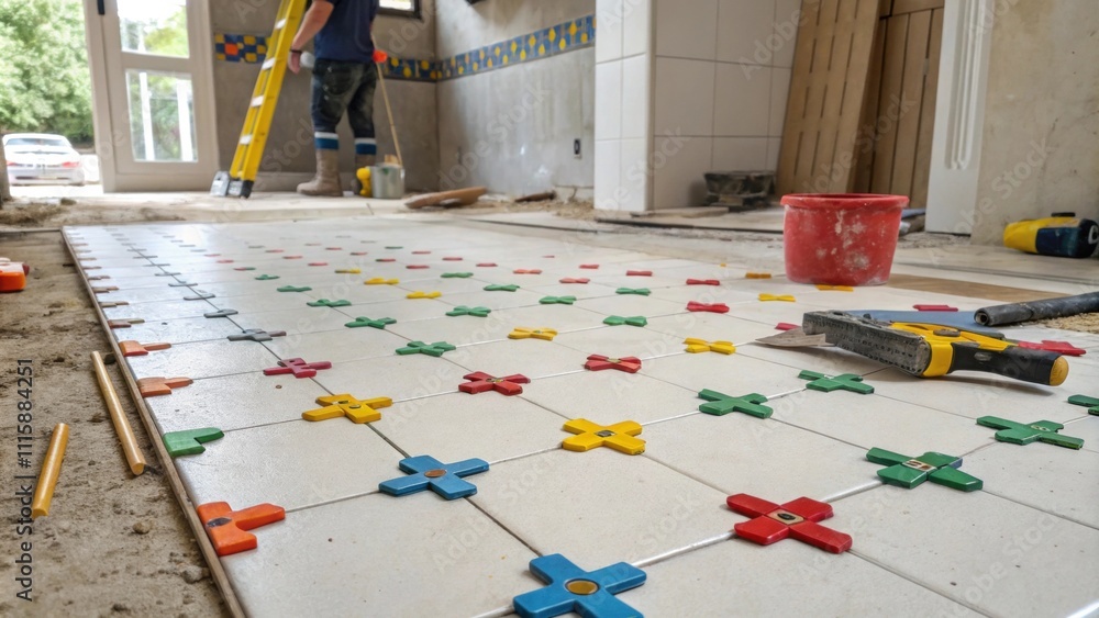 Poster A floor prepared for tiling tered with colorful tile spacers forming a playful pattern set against a backdrop of unfinished walls and tools of the renovation trade.