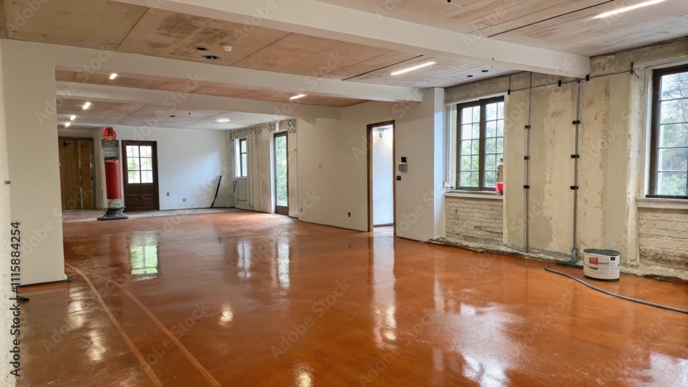 Poster a freshly renovated space featuring a smooth subfloor with a warm finish surrounded by plastered wal