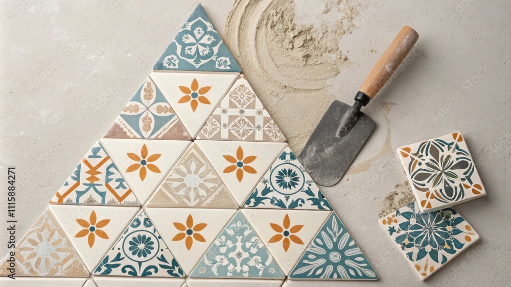 Poster A flat lay image displaying a series of patterned ceramic tiles arranged in a pyramid shape with a plastic trowel and clumps of wet grout slipped in between.
