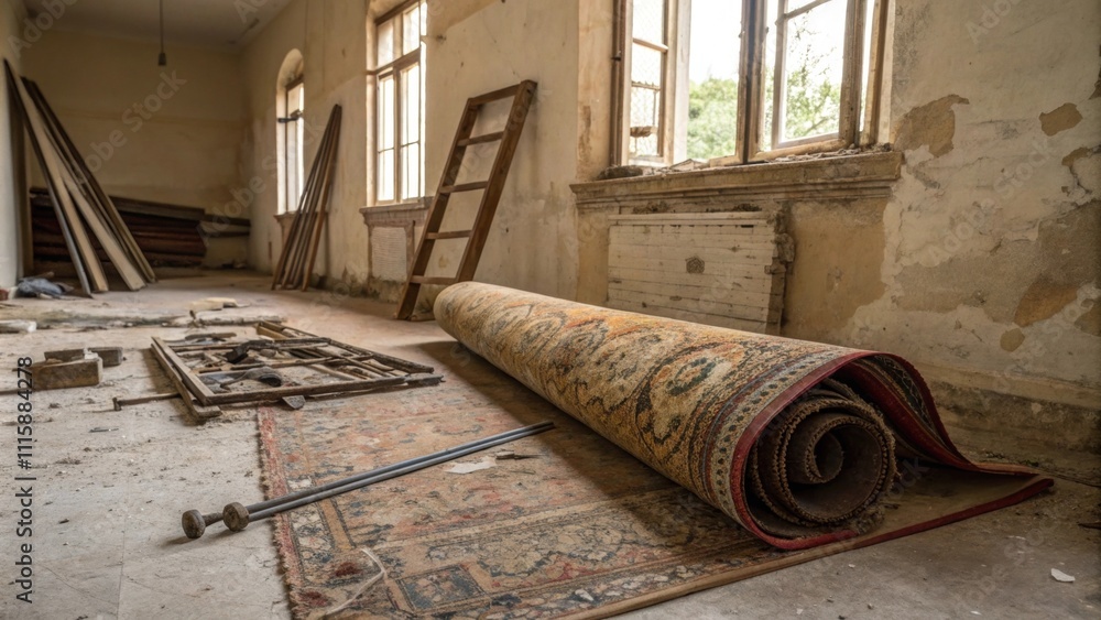 Poster A faded rug rolled up and leaning against a wall beside a heap of metal brackets and tools signaling the end of one phase of the renovation.