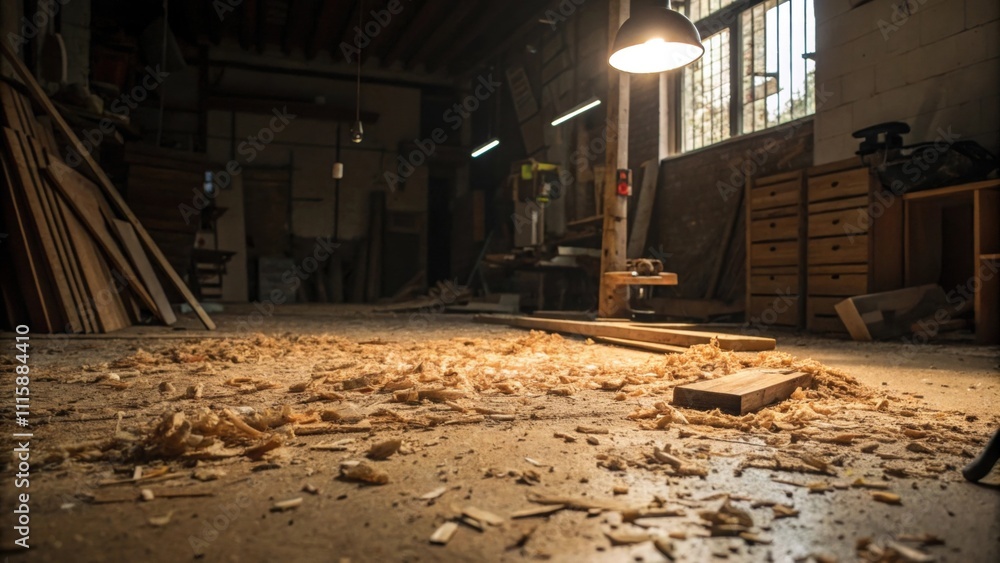 Leinwandbilder a dusty workshop floor littered with irregular shapes of wood shavings with shadows cast by a suspen