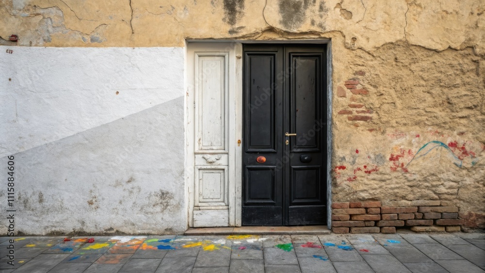 Poster a dramatic door painted in half black and half white leaning against a wall with a subtle texture wi