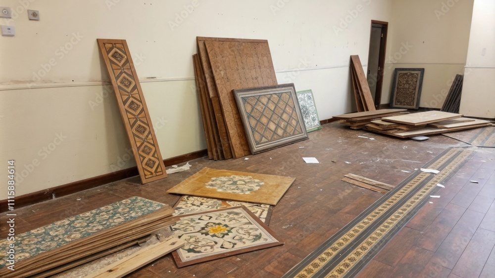 Aufkleber A disheveled corner of an empty room filled with leftover laminate scraps some pieces leaning against the wall while others lay flat showcasing intricate patterns and finishes.