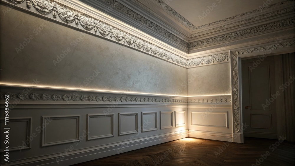 Poster a dimly lit corner that highlights the stark contrast between the smooth wall surface and intricate 
