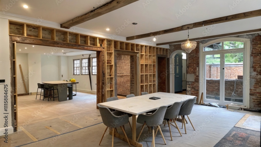 Poster A dining area featuring a sheet of smooth underlayment bordered by unfinished walls showcasing the juxtaposition of renovation in progress against the existing structure.