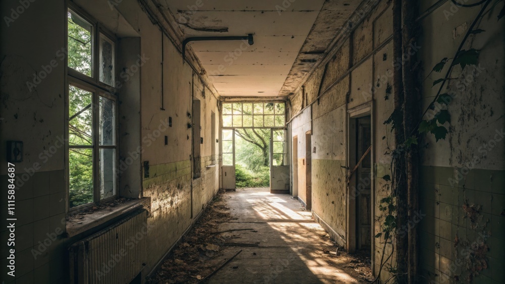 Aufkleber A down hallway illuminated by natural light flooding in through a broken window where the wiring is visibly stapled to the walls and the floorboards are partially removed.