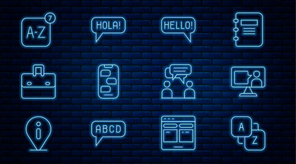 Set line Vocabulary, Foreign language online study, Hello different languages, New chat messages notification, Briefcase, Online translator, Two sitting men talking and Hola icon. Vector © vector_v