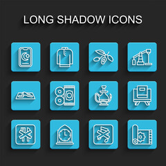 Set line Ramadan fasting, Clock, Star and crescent, Speaker mute, Traditional carpet, Holy book of Koran and Hookah icon. Vector