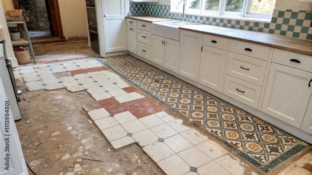 Aufkleber A diagonal view of a kitchen with a halfremoved floor showcasing the stark difference between the section and the remaining old tiles revealing the underlayment below.