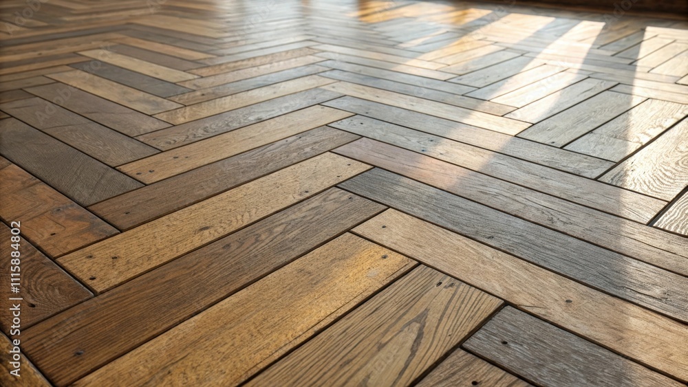 Poster A diagonal arrangement of wood planks on a floor emphasizing the interplay of light and shadow showcasing the natural variations in color and texture of the wood.