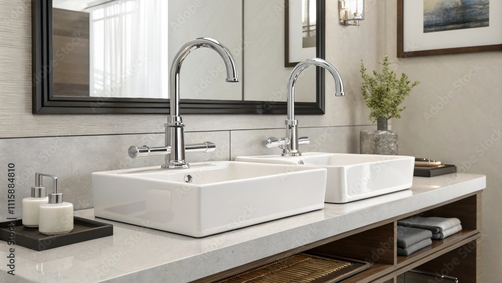 Poster a dualhandle faucet with a polished chrome finish seamlessly connecting dual sinks in a modern vanit