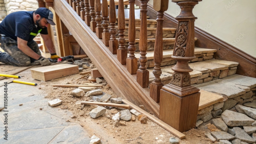 Aufkleber a detailed view of a banister being installed stones and wood fragments on the ground highlighting b