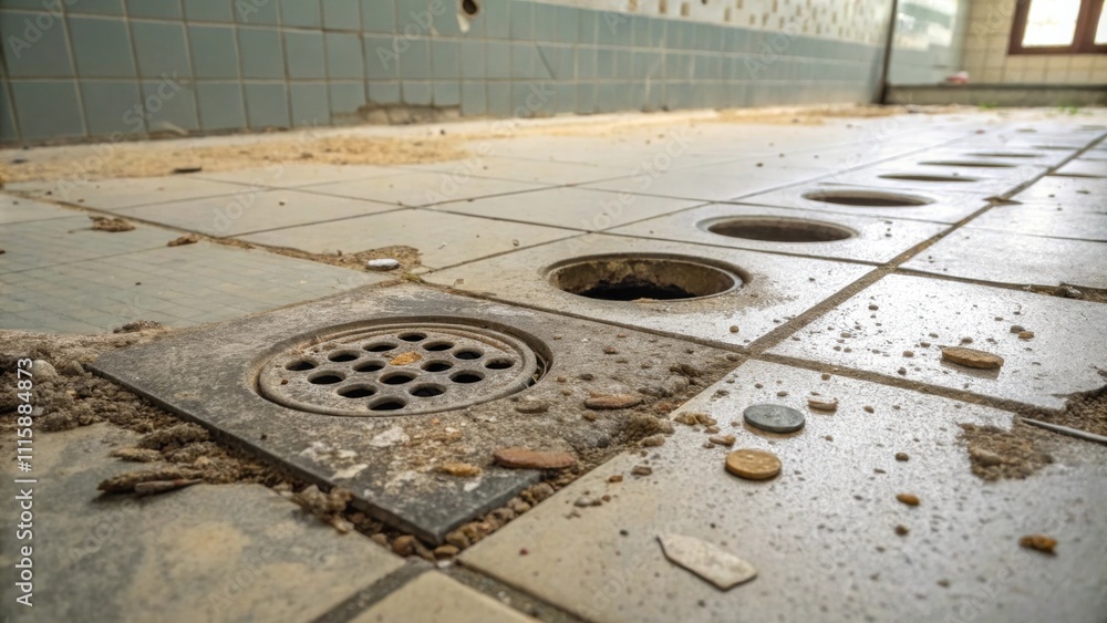 Poster A detailed view highlighting various drainage holes in a bathroom floor with gritty textures and tered remnants of past tile work.