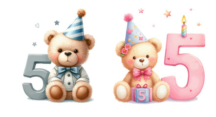 Obraz premium A cute first Birthday teddy bear wearing a party hat with number 5. Adorable innocence animal watercolor illustration for boy and girl.
