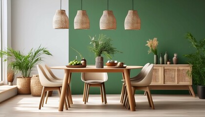 scandinavian dining room with green walls and wooden table