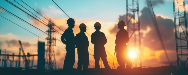 Silhouetted telecom workers collaborating at sunset, showcasing teamwork and dedication in industry. Their hard work is essential for connectivity
