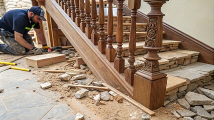 Fototapeta premium A detailed view of a banister being installed stones and wood fragments on the ground highlighting both the craftsmanship and the chaotic renovation environment.