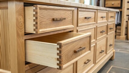 A detailed shot of cabinet drawers made from unfinished wood emphasizing craftsmanship with exposed joinery and natural wood characteristics.