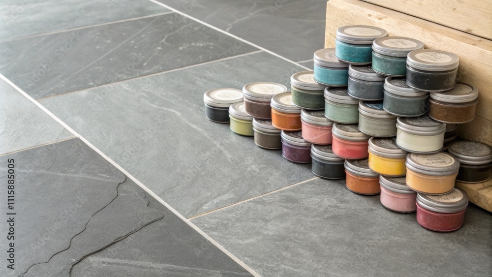 Poster A creative display of various grout containers all capped tightly resting on a slate gray floor with a hint of texture visible.