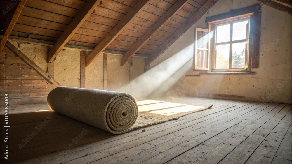 Aufkleber a cozy unfurnished living space has a roll of carpet padding in the center with tered dust motes vis