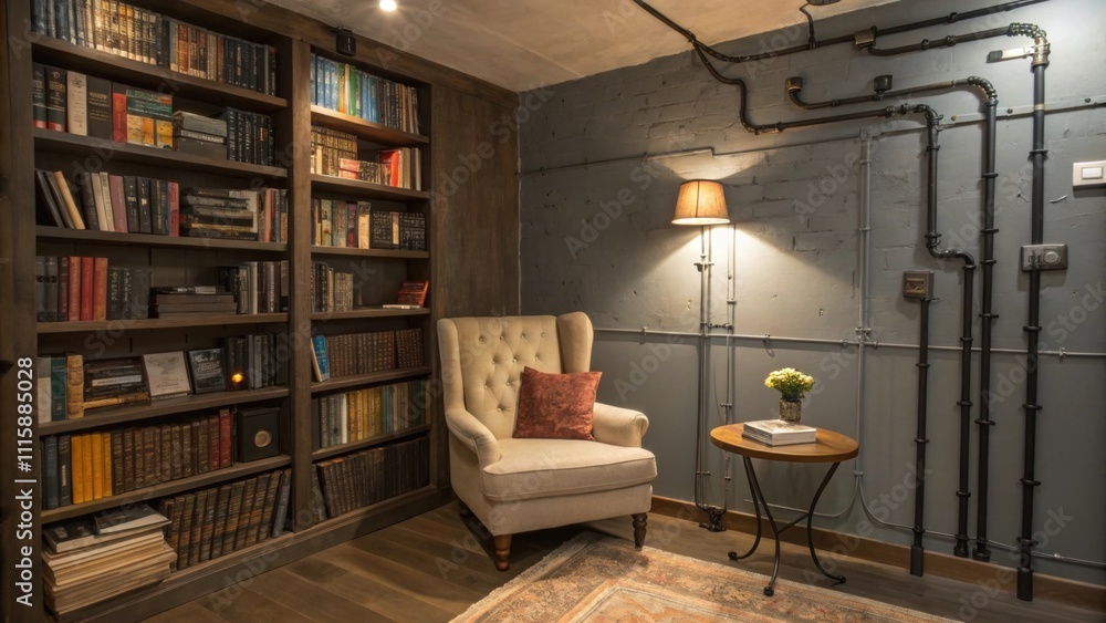 Poster A cozy reading nook where the wall features a dramatic display of exposed electrical wires integrated into the overall eclectic design.