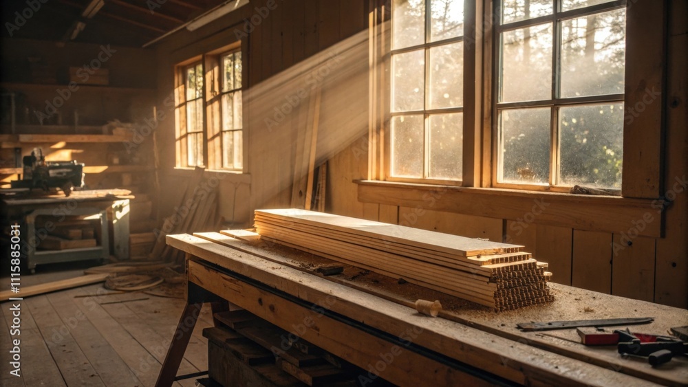 Poster A cozy room with a window sunlight filtering through casting warm shadows over a neat pile of unfinished trim wood resting on a workbench.