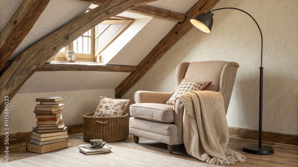 Aufkleber A cozy reading nook with a plush armchair and a floor lamp positioned beneath exposed beams that add character to the soft warmtoned walls.
